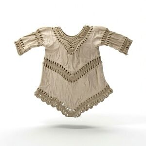 Vivid Importers of NY Boho Crochet Fringe Top Medium Neutral Beige